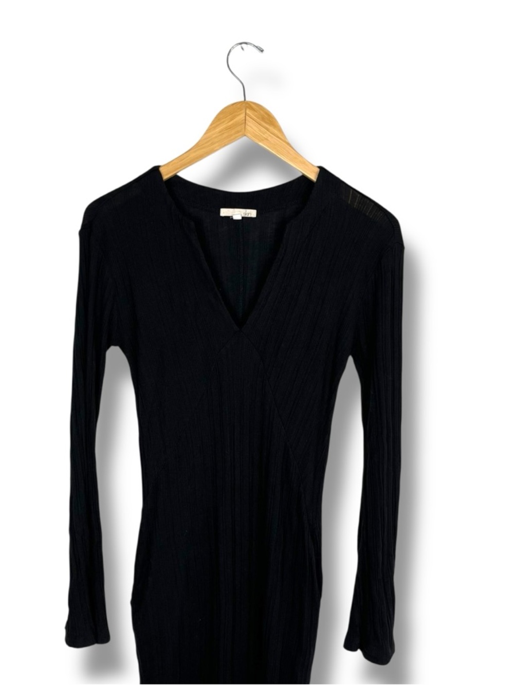 Skin Worldwide Dress Black Ribbed V Neck Flared Sleeve Midi Pima Cotton XS Peru - Picture 2 of 10